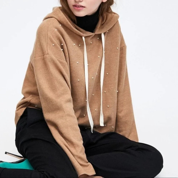 Zara Pearl Sweatshirt Sweater Pullover Hooded Tan Camel Size Small - Picture 3 of 10